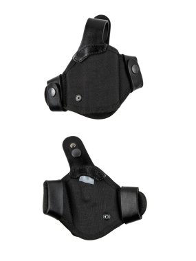 Tabanca kılıfı. Kullanışlı ve gizli silah taşıma suçundan. Sentetik malzeme ve deriden yapılmış kılıf. Her yönden bak. Beyaz arkaplanda izole et.