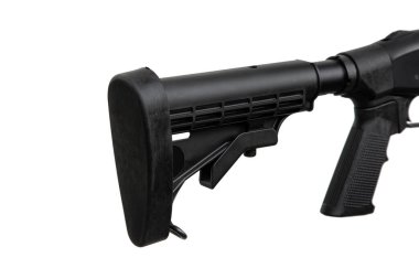 Pompalı tüfek beyaz arka planda izole edilmiş. Ek kol. Plastc stokları olan yumuşak delikli bir silah.. 