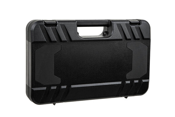 Black plastic container with foam inside for safe storage and transportation of fragile and expensive items. Sturdy plastic case. Isolate on a white background.