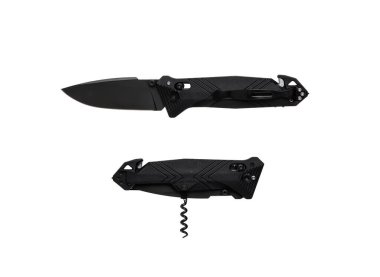 Cep modern katlama bıçağı. Tirbuşonlu çakı ve askı keskisi. Beyaz arkaplanda izole et.