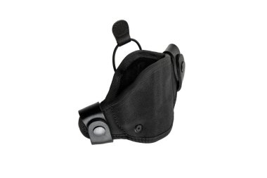 Tabanca kılıfı. Kullanışlı ve gizli silah taşıma suçundan. Sentetik malzeme ve deriden yapılmış kılıf. Her yönden bak. Beyaz arkaplanda izole et.