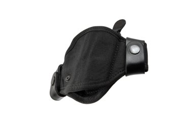 Tabanca kılıfı. Kullanışlı ve gizli silah taşıma suçundan. Sentetik malzeme ve deriden yapılmış kılıf. Her yönden bak. Beyaz arkaplanda izole et.