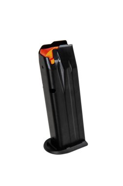 9 mm 'lik şarjörler için metal tabanca şarjörü. Cephane için şarjör. Beyaz arkaplanda izole et.