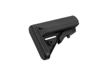 Modern plastic folding buttstock. Replaceable part of the gun. Isolate on a white background.
