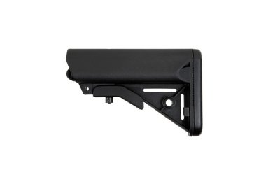 Modern plastic folding buttstock. Replaceable part of the gun. Isolate on a white background.