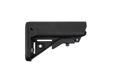 Modern plastic folding buttstock. Replaceable part of the gun. Isolate on a white background.