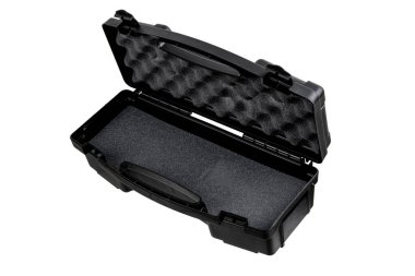 Black plastic container with foam inside for safe storage and transportation of fragile and expensive items. Sturdy plastic case. Isolate on a white background.