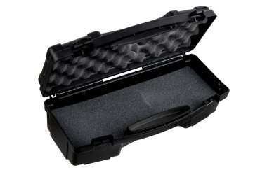 Black plastic container with foam inside for safe storage and transportation of fragile and expensive items. Sturdy plastic case. Isolate on a white background.