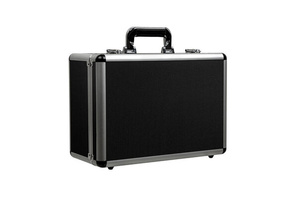 Black padded aluminum briefcase case with metal corners. Case with foam inside. Isolate on a white background.