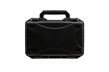 Black plastic container with foam inside for safe storage and transportation of fragile and expensive items. Sturdy plastic case. Isolate on a white background.