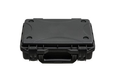 Black plastic container with foam inside for safe storage and transportation of fragile and expensive items. Sturdy plastic case. Isolate on a white background.