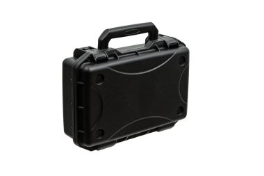 Black plastic container with foam inside for safe storage and transportation of fragile and expensive items. Sturdy plastic case. Isolate on a white background.