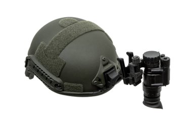 Night vision device attached to the helmet. A special device for observing in the dark. Equipment for the military, police and special forces.  Isolate on a white background. clipart