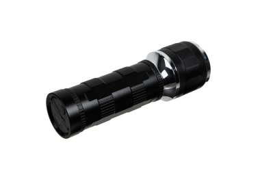 Modern metal LED fener siyah renkli. Taşınabilir el feneri beyaz arkaplanda izole edilir.