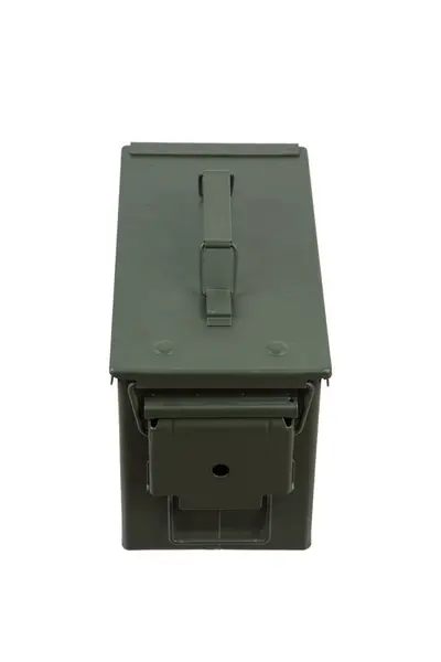 stock image US army green metal ammo can for gun cartridges isolated on white background.