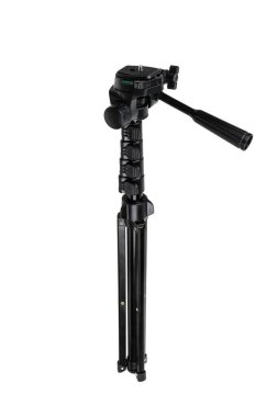 Beyaz arkaplanda izole edilmiş küçük kamera için siyah mini tripod.