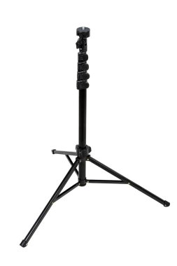 Beyaz arkaplanda izole edilmiş küçük kamera için siyah mini tripod.
