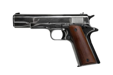 Tahta saplı gümüş yarı otomatik tabanca. Beyaz arkaplanda izole et.