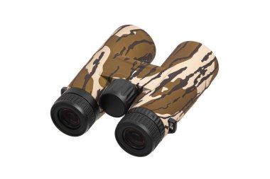 Kamuflaj renklerinde modern dürbünler. Uzun mesafelerde gözlem için optik bir araç. Beyaz arkaplanda izole et.