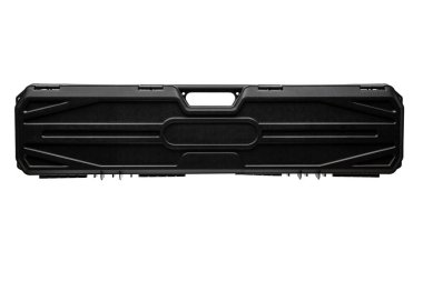 Black plastic container with foam inside for safe storage and transportation of fragile and expensive items. Sturdy plastic case. Isolate on a white background.