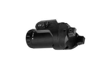 Modern LED flashlight with weapon mount. Underbarrel tactical flashlight isolate on white background.