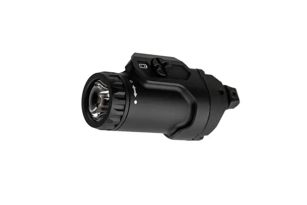 stock image Modern LED flashlight with weapon mount. Underbarrel tactical flashlight isolate on white background.