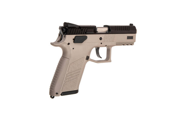 Современный полуавтоматический пистолет изолировать на белом фоне. Пистолет малого калибра .22l. Короткоствольное оружие.