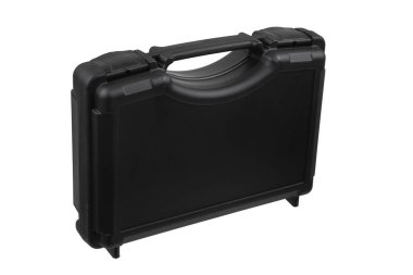 Black plastic container with foam inside for safe storage and transportation of fragile and expensive items. Sturdy plastic case. Isolate on a white background.