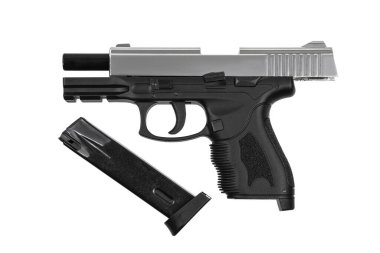 Modern gümüş yarı otomatik tabanca. Nefsi müdafaa için kısa namlulu bir silah. Gizli taşıma için küçük bir silah. Beyaz arkaplanda izole et.