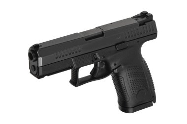 Modern yarı otomatik tabanca beyaz arka planda izole edilmiş. Ordu ve polis için silah. Kısa namlulu silah..