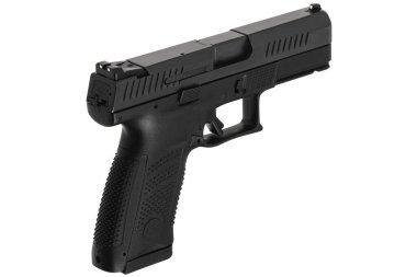 Modern yarı otomatik tabanca beyaz arka planda izole edilmiş. Ordu ve polis için silah. Kısa namlulu silah..