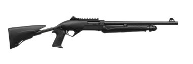 Modern semi-automatic 12-gauge shotgun with a plastic butt and stock. Weapons for hunting and self-defense. Police weapons and special equipment. Isolate on a white background.