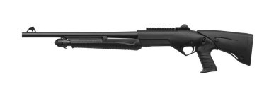 Modern semi-automatic 12-gauge shotgun with a plastic butt and stock. Weapons for hunting and self-defense. Police weapons and special equipment. Isolate on a white background.