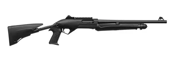 stock image Modern semi-automatic 12-gauge shotgun with a plastic butt and stock. Weapons for hunting and self-defense. Police weapons and special equipment. Isolate on a white background.