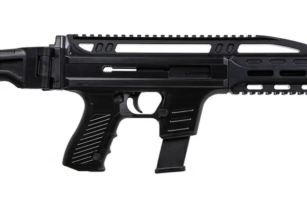 stock image A modern automatic carbine chambered for 9mm pistol caliber. Weapons for the police, army and special units. Isolate on a white background.