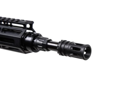 A modern automatic carbine chambered for 9mm pistol caliber. Weapons for the police, army and special units. Isolate on a white background.