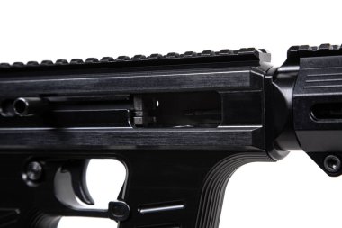 A modern automatic carbine chambered for 9mm pistol caliber. Weapons for the police, army and special units. Isolate on a white background.