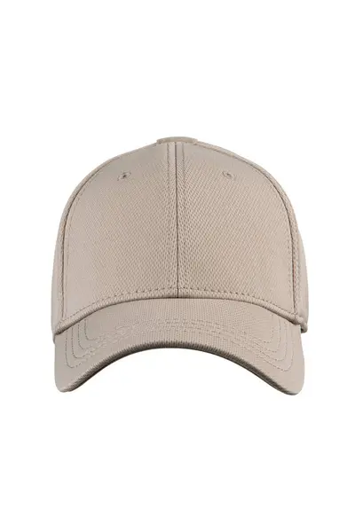 stock image A beige baseball cap is isolated on a white background. The cap has a curved brim and is made of a soft, cotton fabric.