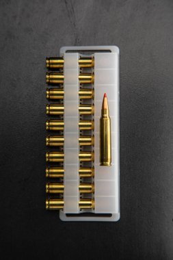 Tüfek mermileri dikkatlice plastik bir tepside dizilmiş, bir sivri uçlu mermiyle. Mühimmat, ateşli silahlar ve askeri teçhizat için ideal. Koyu arkaplan.