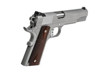 Silver pistol with a wooden handle. Short-barreled weapon. Modern semi-automatic pistol isolate on a white background.  clipart