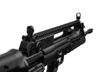 Bullpup sisteminin modern karabinası. Polis, ordu ve özel kuvvetler için silahlar. Beyaz arkaplanda izole et.