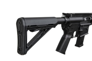 A modern automatic carbine chambered for 9mm pistol caliber. Weapons for the police, army and special units. Isolate on a white background.
