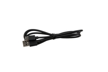 Siyah USB kablosu, düzgün sarmalanmış ve bir kayışla emniyete alınmış, beyaz arka planda izole edilmiş, pratik ve modern tasarımı sergiliyor..