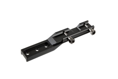 Birden fazla deliği ve iki ayarlanabilir vidası olan, güvenli eklenti ve ekipman veya aksesuarların hizalanması için tasarlanmış bir black metal montaj parantezi..