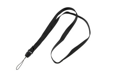 Çıkarılabilir tokalı siyah halat ve küçük nesneleri tutmak için bir döngü, beyaz arkaplanda izole edilmiş, anahtarlar, kimlik kartları veya küçük elektronik cihazlar için ideal.