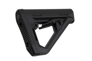 Siyah ayarlanabilir tüfek stoku, genellikle ateşli silahlarda denge ve konfor için kullanılır, dokulu bir kalça plakası ve uzunluk ayarlama için bir kaldıraç içerir. Beyaz arkaplanda izole et.