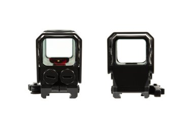 Modern optik kolatör görüşü. Kısa mesafeden ateş etmek için nişan alma cihazı. Beyaz arkaplanda izole et.