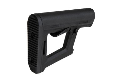 Siyah ayarlanabilir tüfek stoku, genellikle ateşli silahlarda denge ve konfor için kullanılır, dokulu bir kalça plakası ve uzunluk ayarlama için bir kaldıraç içerir. Beyaz arkaplanda izole et.