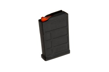 7.62x51mm mühimmat için tasarlanmış, beyaz arka planda izole edilmiş, taktik ve dayanıklı tasarımı sergilenen, turuncu takipçili siyah polimer bir tüfek şarjörü..