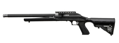 Close-up of a .22 caliber rifle with a modern tactical design, adjustable black stock, and extended barrel, ideal for precision shooting, hunting, and training purposes. clipart